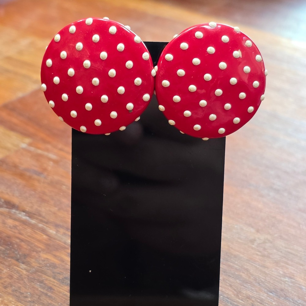 Vintage Red White Polka Dot Button Stud Earrings Retro Rockabilly Oversized 1.25